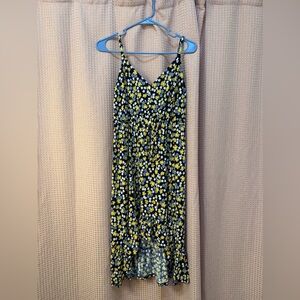 Navy Blue Floral Spaghetti Strap Maxi Dress with Yellow & White Blooms